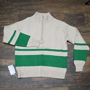 Stylish Green and Cream Women's Zip-Up Sweater